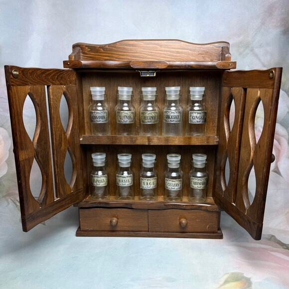 Unbranded Other - Vintage Wooden Apothecary Spice Rack Cabinet With 10 Glass Spice Jars